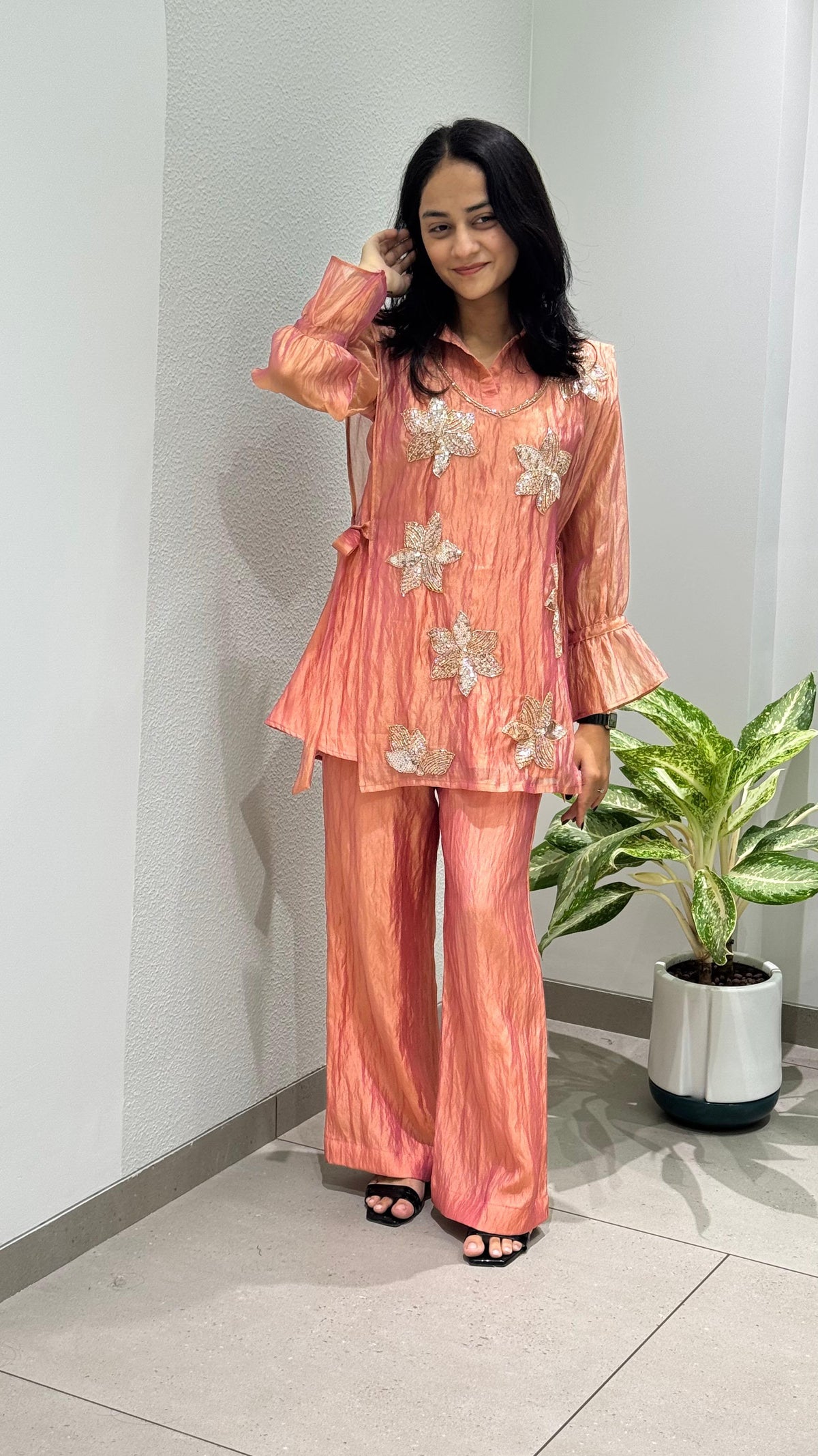 Trendy Slasa Silk Three Piece Co-ord Set With Shrug