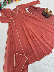 Party-Wear Georgette Handwork Neck Sleeve Fully Stitched Gown