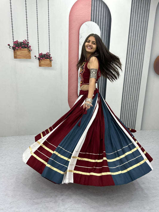Navratri Special Rayon Cotton Gamathi Work & Real Mirror Work Lehenga With Stitched blouse