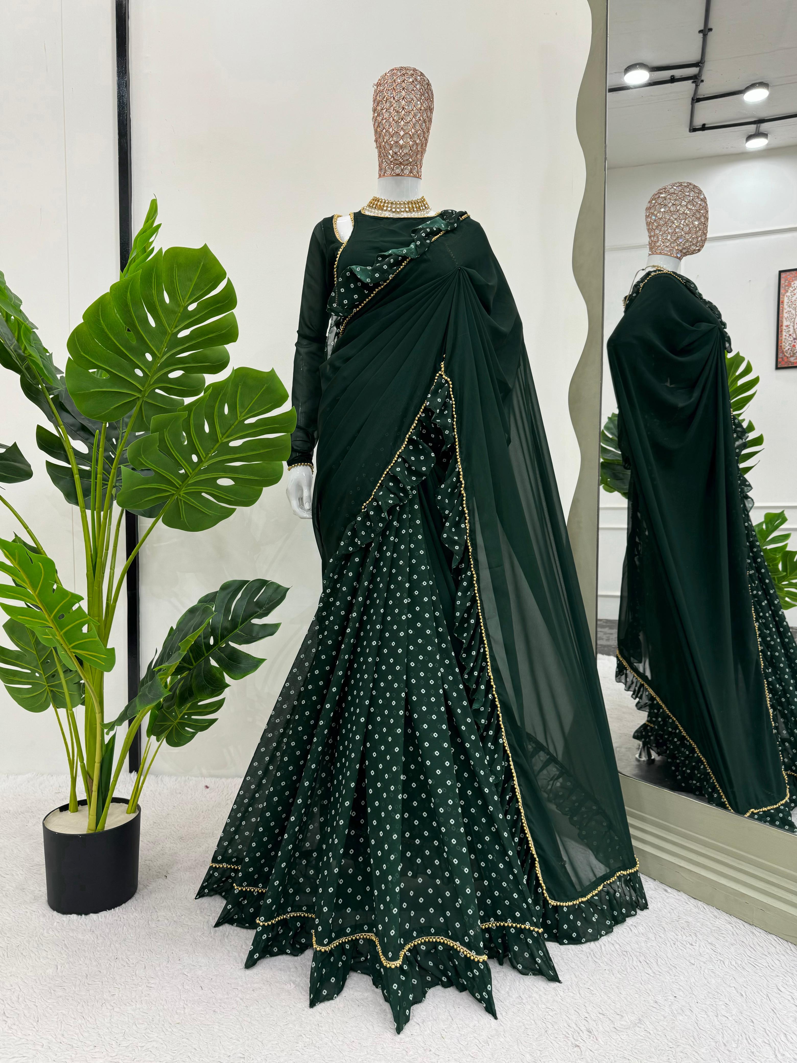 Party-wear Green Designer Georgette Digital Printed With Ruffle Ready To Wear Saree