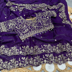 Party-wear Fendy Satin Silk Embroidery & Sequence Work Saree With Stitched Blouse