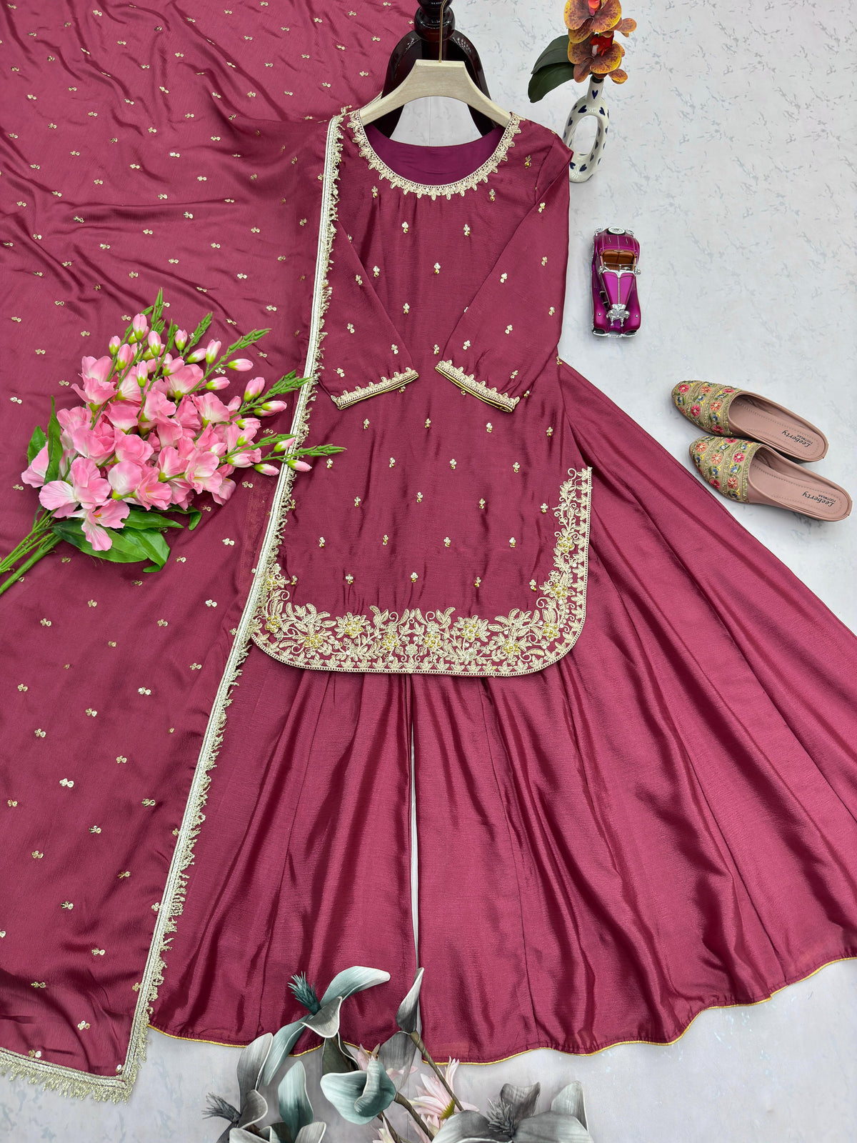 Partywear Chinon Silk Embroidery Sequence & Moti Work Sharara