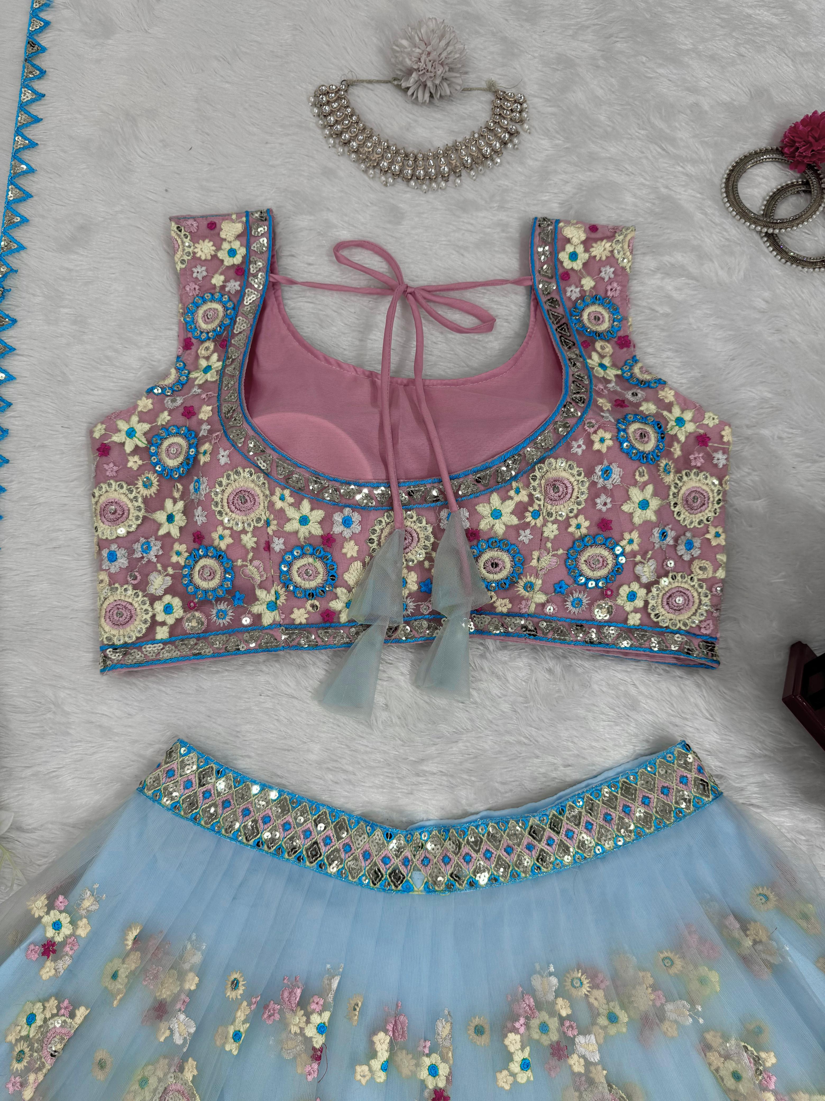 Partywear Sky Blue Butterfly Net Thread With Sequence Work Lehenga Choli