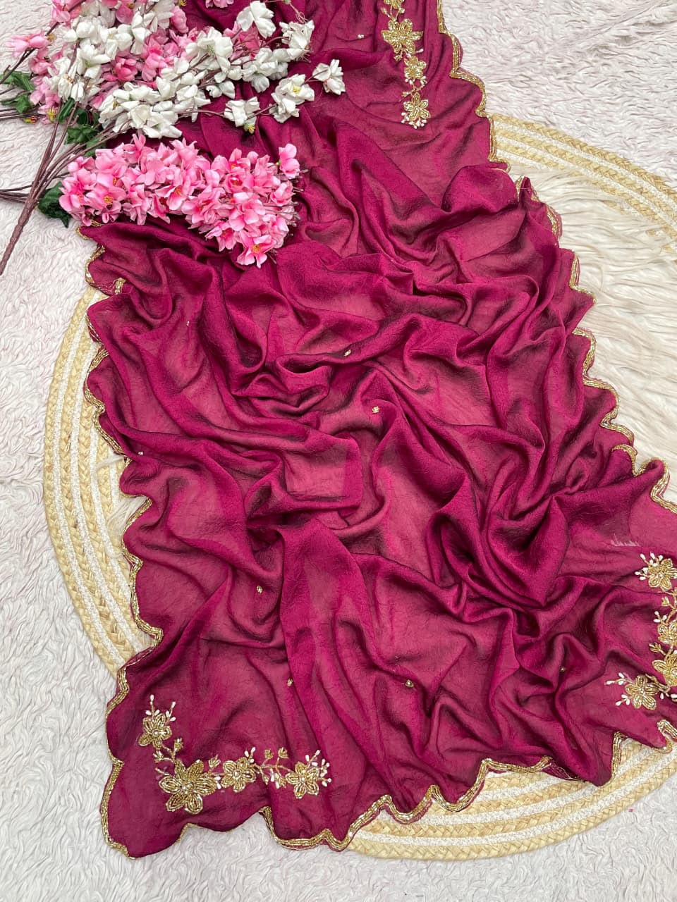 Beautiful Soft Rangoli Crush Cutdana Moti & Resham Thread Work Saree
