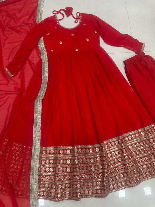 Perfect Blend Of Grace & Tradition Red Georgette Gown