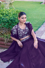 Stylish Indo Western Fedny Silk Bead Sequence & Thread Embroidery Work Lehenga With Koti