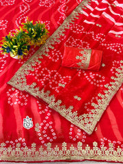 Beautiful Georgette With Digital Bandhej Peding Printed Saree