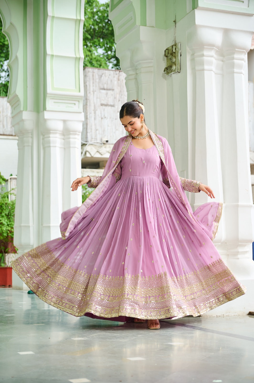 Unique Dusty Coloured Georgette Embroidery Work Gown