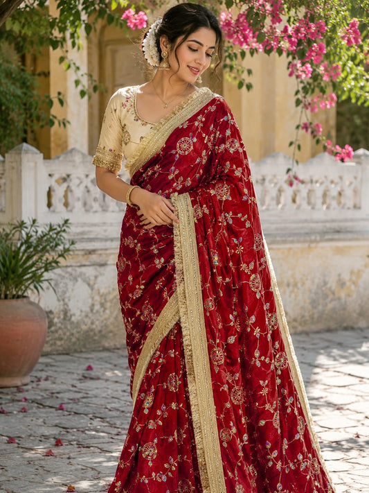 Party-wear Fendy Satin Sequence & Beads Work Saree