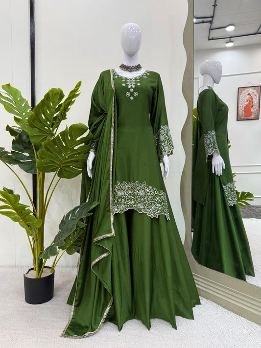 Party-wear Green Chinon Silk thread with Sequence Sharara