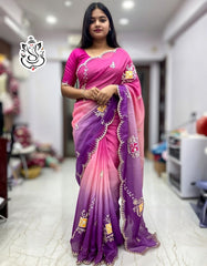 Beautiful Gold Crush Silk With Multi Pita Work Saree