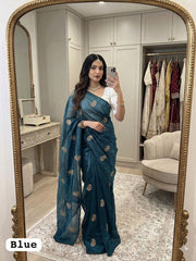 Beautiful Fendy Chiffon Silk Siroski & Val Moti Heart Cutwork Border Saree