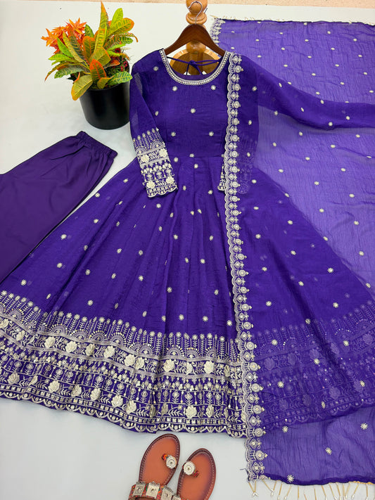 Party-wear Crunchy Silk Embroidery Sequence Work Gown