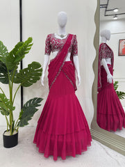 Partywear Pink Georgette Thread With Sequence Work Ready To Wear Saree