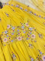 Beautiful Chinon Silk Multi Thread Sequence Embroidery Work Lehenga With Koti