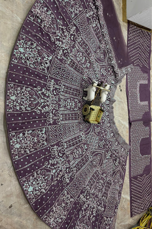 Party-wear Purple Butterfly Net Embroidery Sequence Work Lehenga Choli