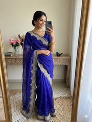 Designer Fendy Satin Gold Embroidery Work Saree