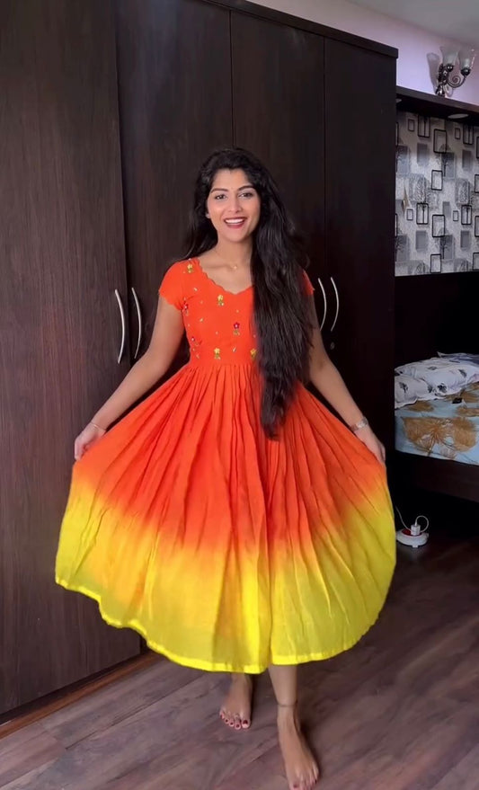 Stylish Beautiful Pure Mul Mul Cotton & Dual Color Pure Hand Work Gown