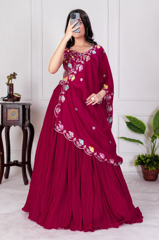 Beautiful Georgette Plain With Crease Work Lehenga Choli