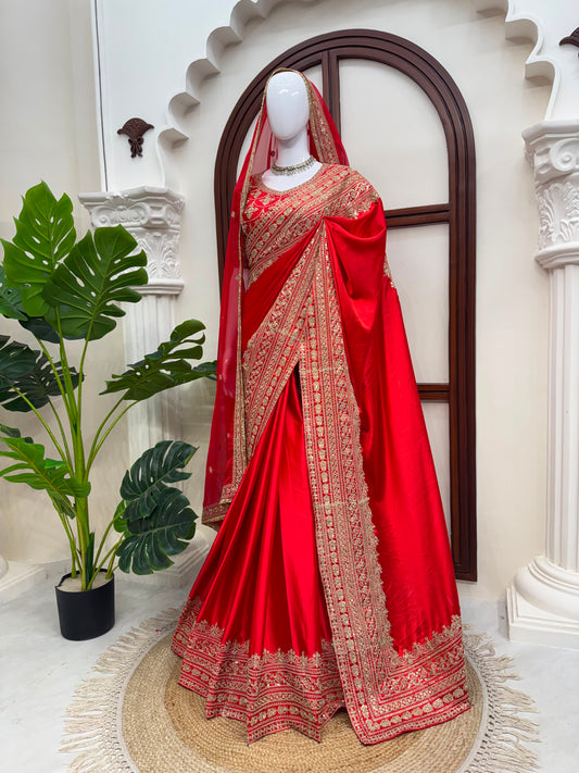 Red Bridal Special Japan Satin Thread & Coding Sequence Work Saree With Dupatta