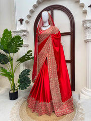 Red Bridal Special Japan Satin Thread & Coding Sequence Work Saree With Dupatta