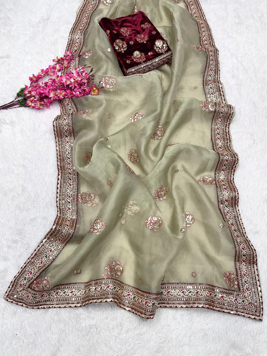 Party-wear Organza Silk Coding Embroidery Multi Thread Work Saree