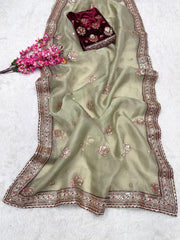 Party-wear Organza Silk Coding Embroidery Multi Thread Work Saree