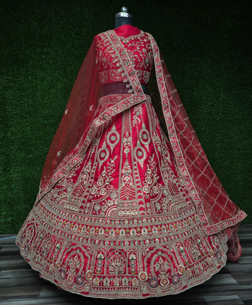 Royal Red Premium Silk Zarkan Diamond Work Bridal Lehenga Choli