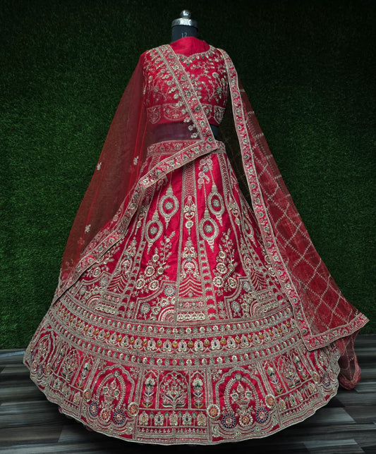 Royal Red Premium Silk Zarkan Diamond Work Bridal Lehenga Choli