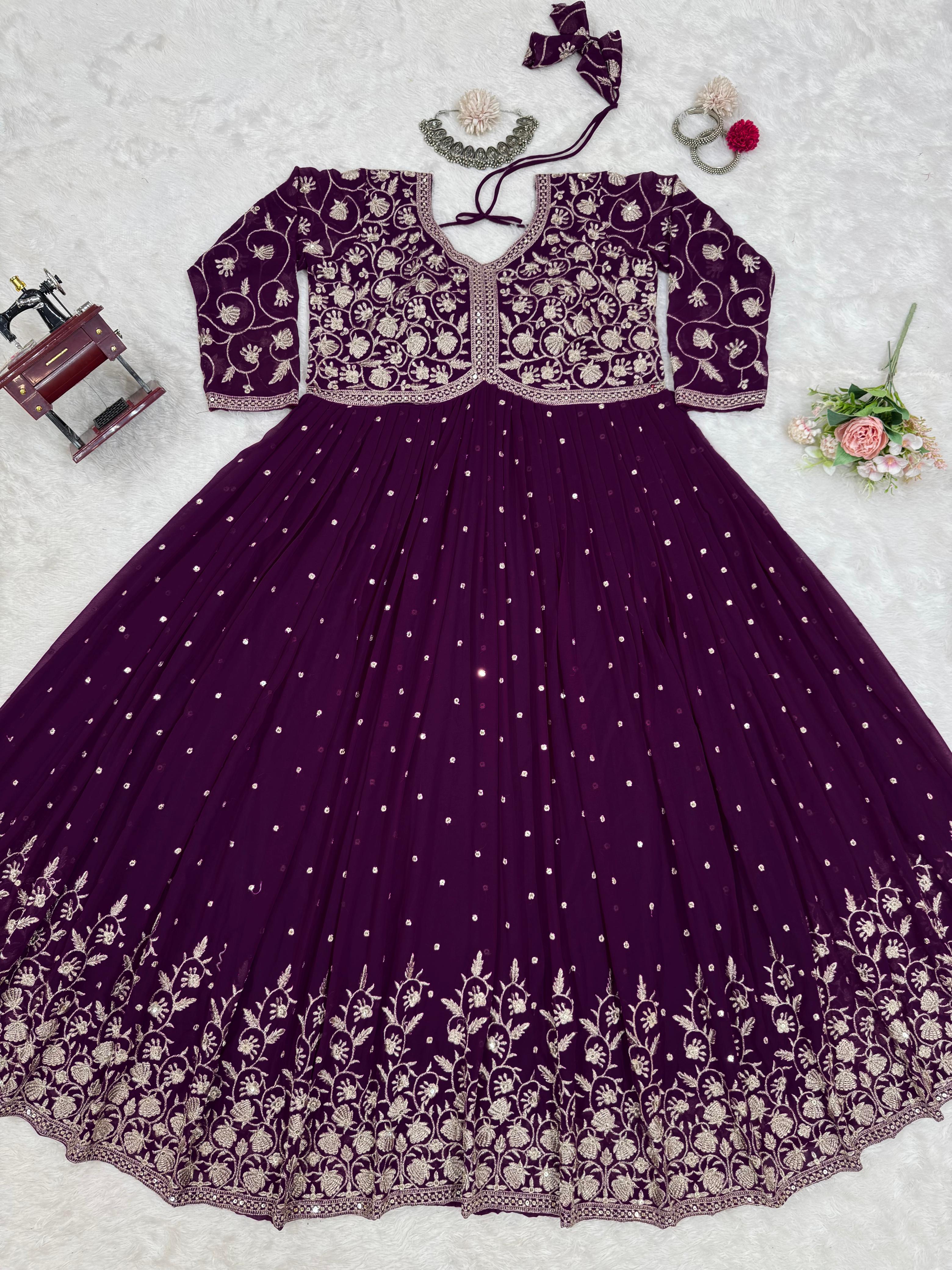 Beautiful Purple Colour Georgette Thread With Sequence Work Gown