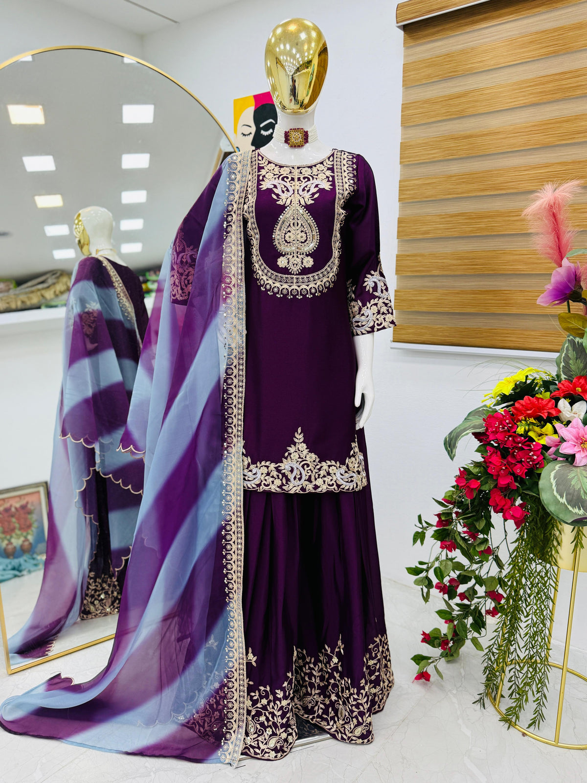 Party-wear Designer Chinon Silk Codding Sequence & Embroidery Sharara