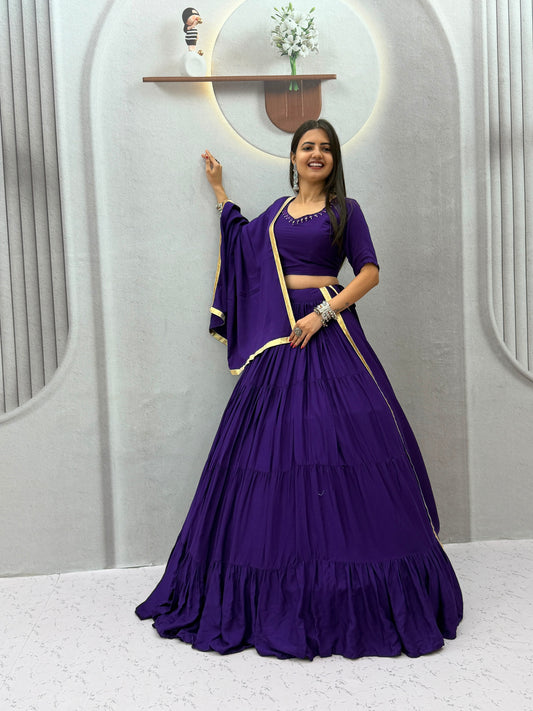 Navratri Special Rayon Cotton Real Handmade Mirror Work Lehenga With Stitched Blouse