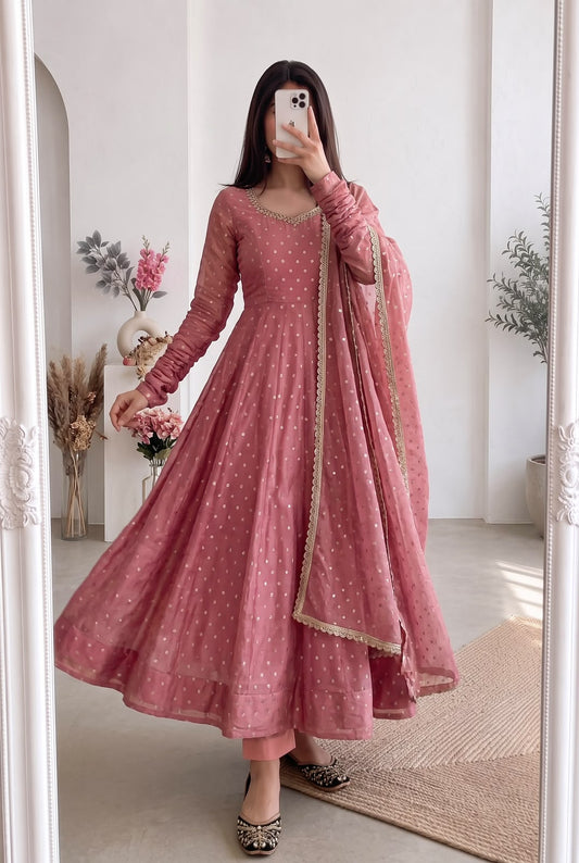 Festive Special Moss Butti Silk Pearls & Real Mirror With Handwork Anarkali Gown