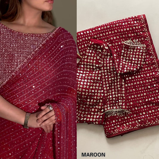 Bollywood Blockbuster Georgette Sequence Multi Embroidery Work Designer Saree