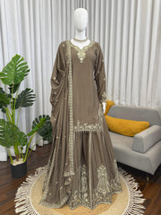 Beautiful Natural Crepe Thread With Sequence Work Suit