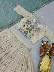 Festive Special Pure Tissue Silk Embroidery Sequence Thread Work Lehenga With Stitched Blouse
