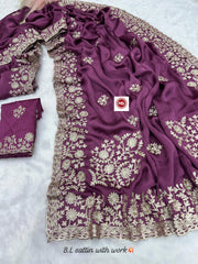 Beautiful Party-wear Satin Silk Multi Chain Embroidery Work Saree