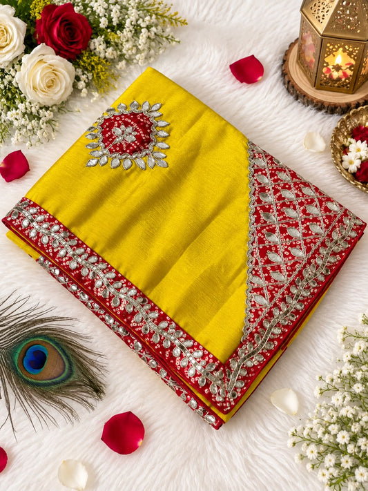 Beautiful Chinon Bandhej Patch Butta With Gotapatti Work Saree