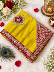 Beautiful Chinon Bandhej Patch Butta With Gotapatti Work Saree
