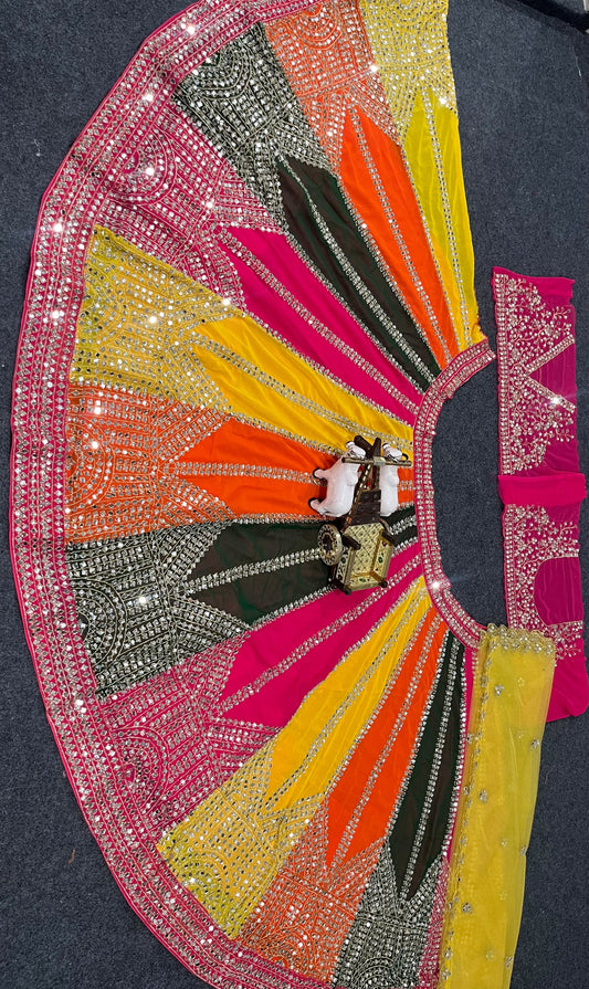 Party-wear Georgette Real Mirror Embroidery Work Multi Coloured Lehenga Choli