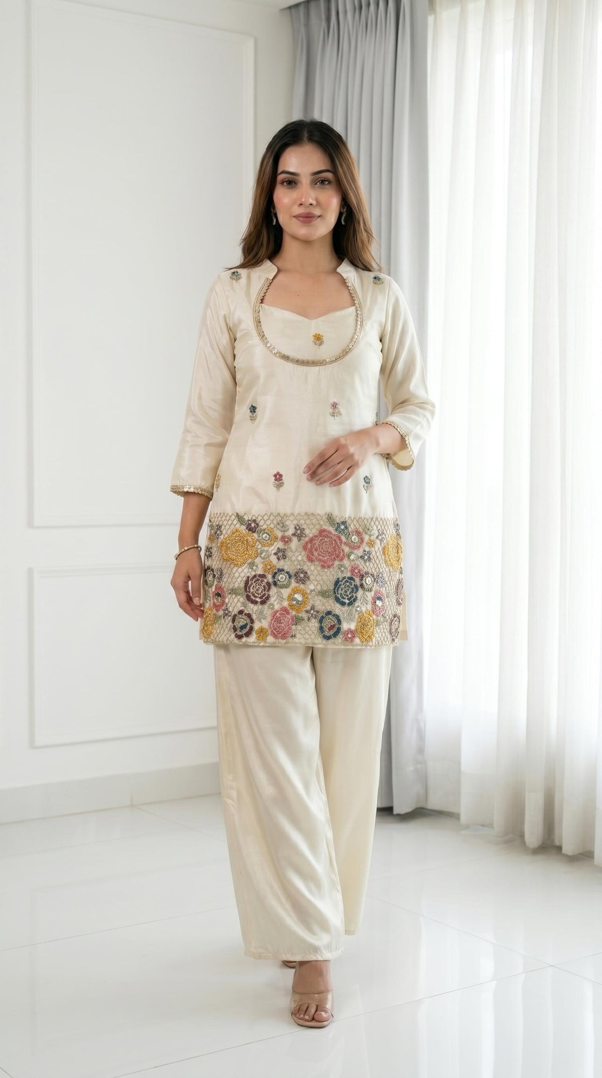 Beautiful Shimmer Chinon Silk Embroidery Beads Kardana Work 3 Piece Suit Set