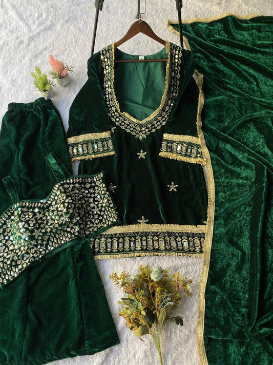 Winter Season velvet Real Mirror Embroidery Work Suit