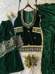 Winter Season velvet Real Mirror Embroidery Work Suit