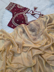 Beautiful Heavy Space Silk Saree With Designer Stitched Blouse