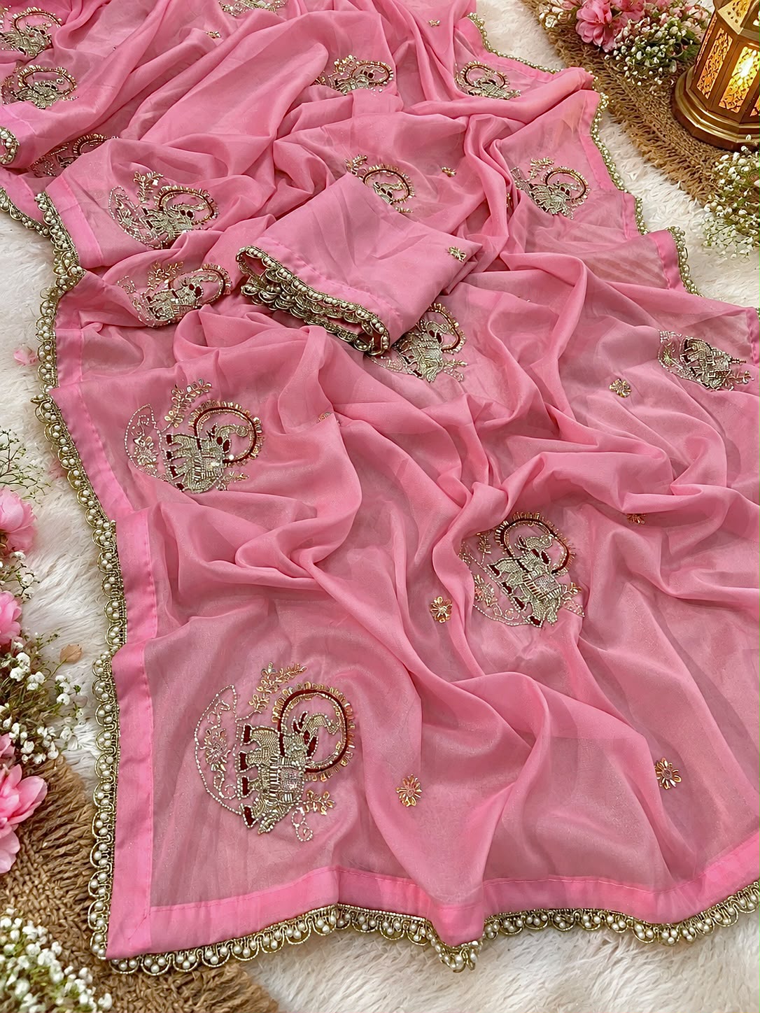 Beautiful Star Georgette Elephant Motif Beads & Thread Work Saree