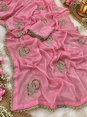 Beautiful Star Georgette Elephant Motif Beads & Thread Work Saree