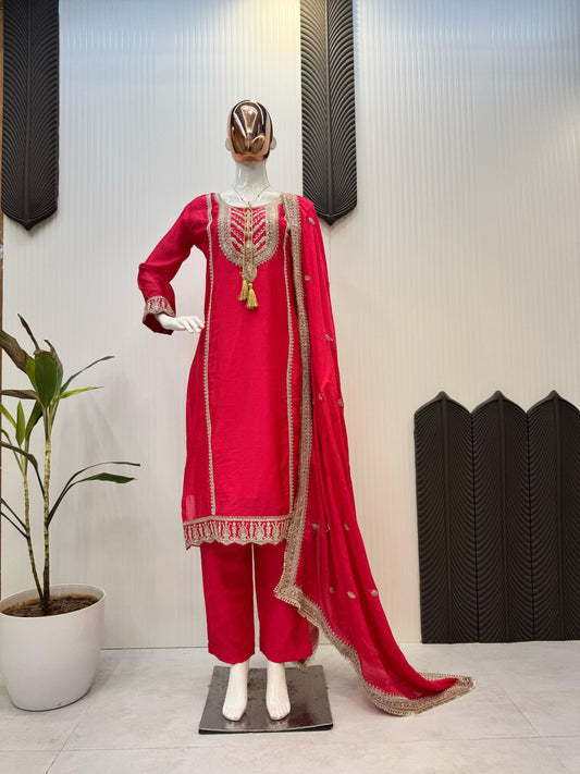 Party-wear Designer Chinon Silk Cording Sequence Embroidery Work Dress