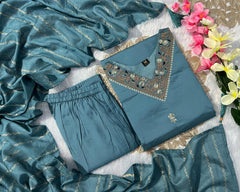 Beautiful Roman Silk With Embroidery With Sequence Work Denim Blue Dress
