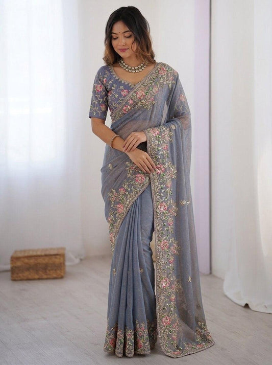 Party-wear Moss Chiffon Embroidery Cutwork Saree