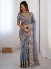 Party-wear Moss Chiffon Embroidery Cutwork Saree